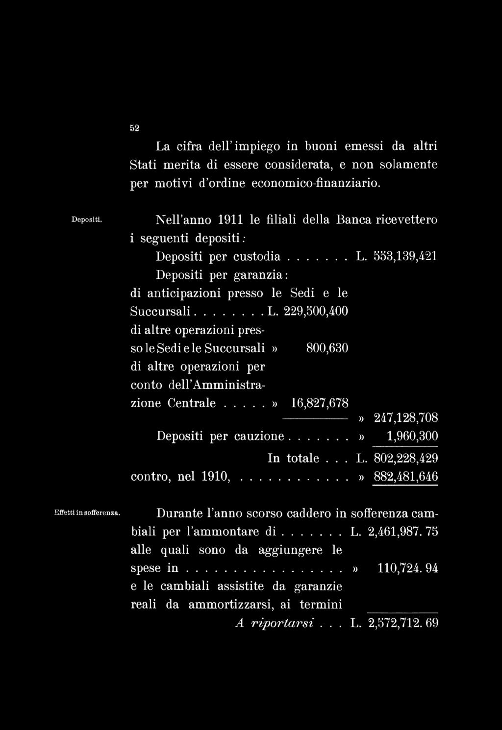 52 La cifra dell impiego in buoni emessi da altri Stati merita di essere considerata, e non solamente per motivi d ordine economico-fìnanziario. Depositi.