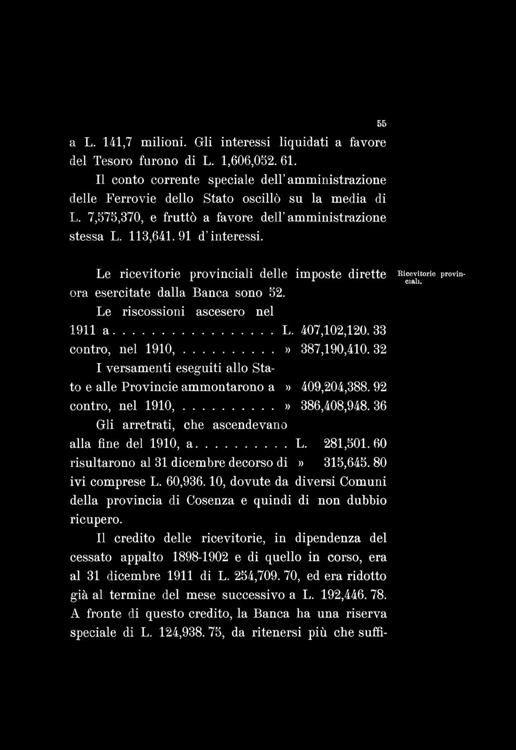 a L. 141,7 milioni. Gli interessi liquidati a favore del Tesoro furono di L. 1,606,052. 61. Il conto corrente speciale dell amministrazione delle Ferrovie dello Stato oscillò su la media di L.