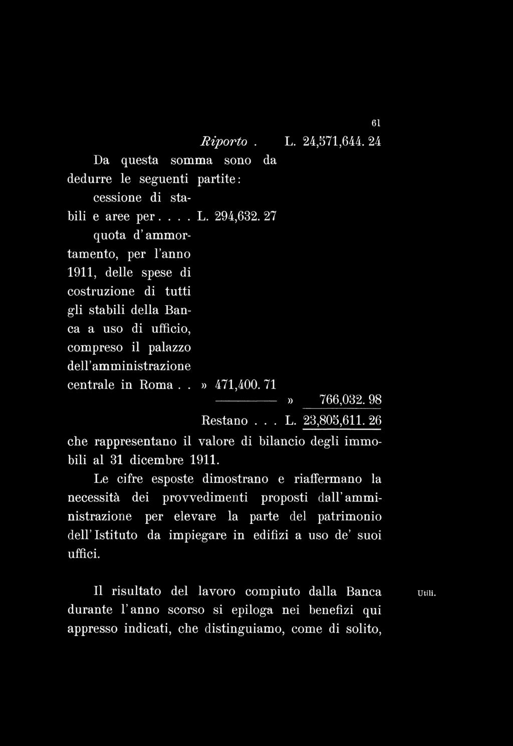 Riporto. L. 24,571,644. 24 Da questa somma sono da dedurre le seguenti partite: cessione di stabili e aree per.... L. 294,632.