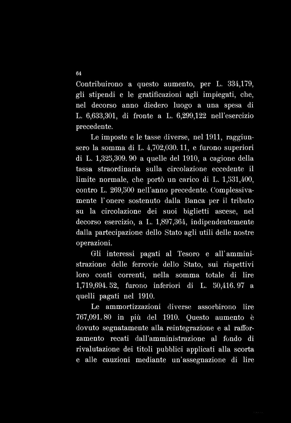 64 Contribuirono a questo aumento, per L. 334,179, gli stipendi e le gratificazioni agli impiegati, che, nel decorso anno diedero luogo a una spesa di L. 6,633,301, di fronte a L.