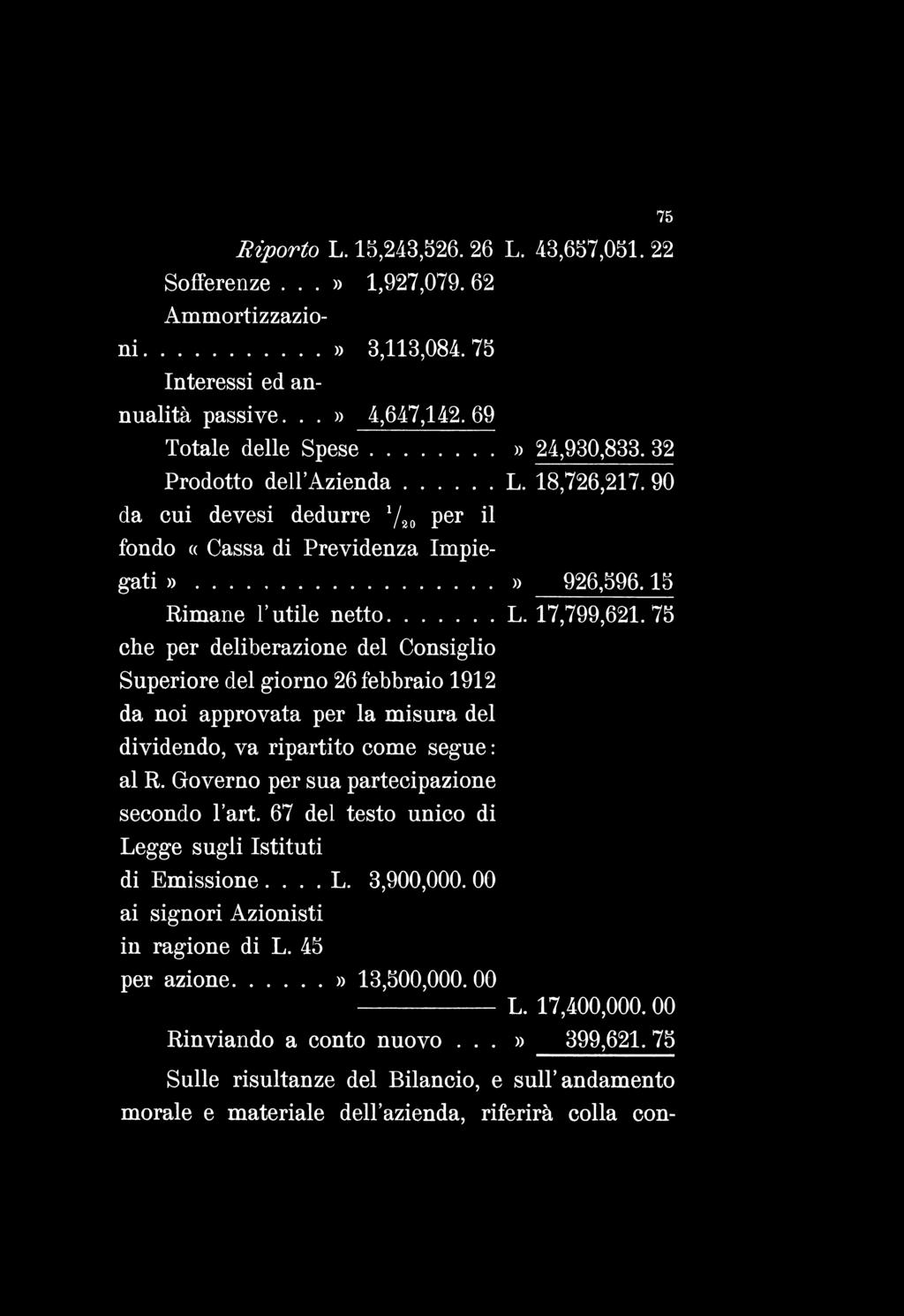 Riporto L. 15,243,526. 26 L. 43,657,051. 22 Sofferenze...» 1,927,079. 62 Ammortizzazioni...» 3,113,084.75 Interessi ed annualità passive...» 4,647,142. 69 Totale delle Spese...» 24,930,833.