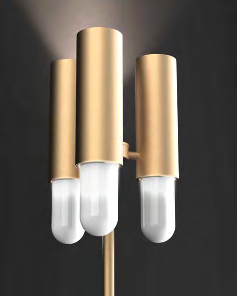 : Floor lamp in metal with brushed light gold or antique burnished finish with opal white glass diffusers.
