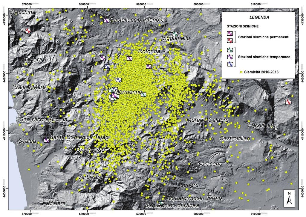 GNGTS 2016 Sessione 1.1 Fig. 1 Stazioni sismiche permanenti e temporanee nell area del Pollino (confine calabro-lucano) ed epicentri della sequenza sismica del 2010-2013.