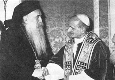 L antipapa Montini, dal 4 al 6 gennaio 1964, si reca in Palestina, e a Gerusalemme si incontra con lo scismatico patriarca di Costantinopoli, Atenagora.