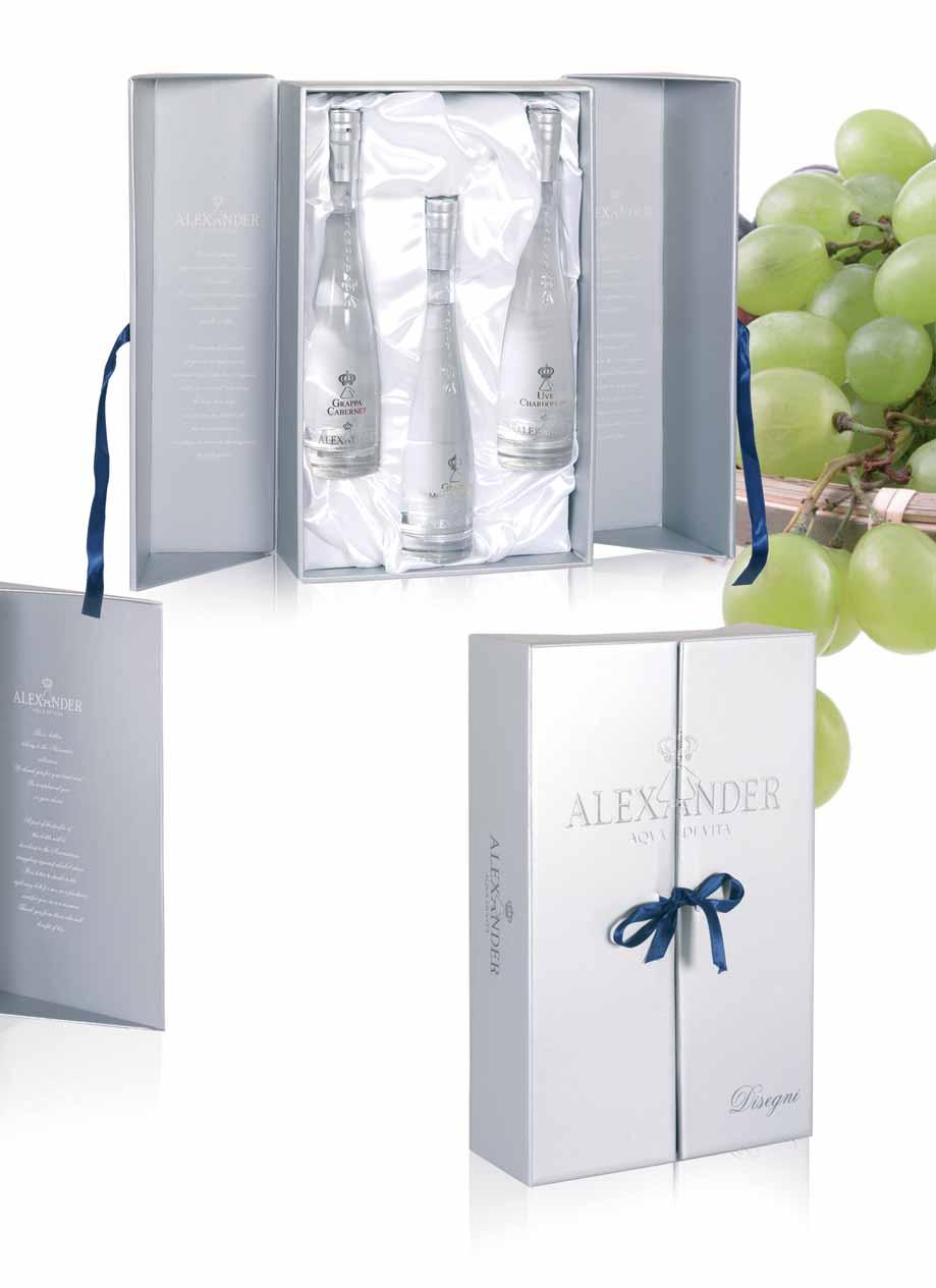 promotional concept/promotional concept/promotional concept/promotional concept PC 155 TRIS ALEXANDER Confezione composta da: 1 Grappa di Muller Thurgau 38% vol.