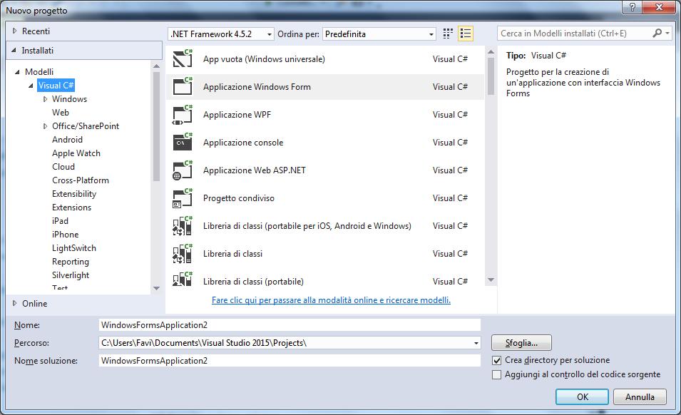 Nuovo Progetto Per inserire una selezionare Nuovo Progetto dal menù iniziale di Visual Studio.