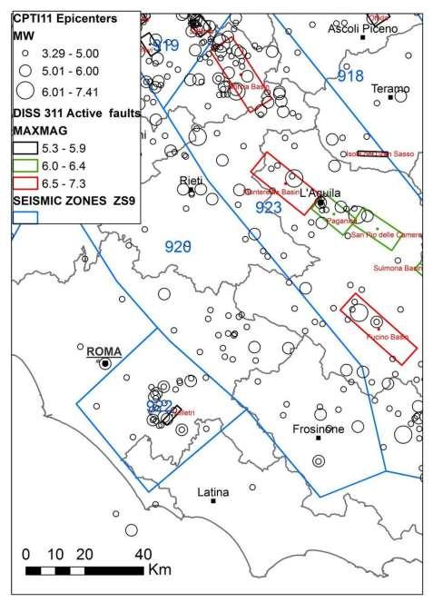 and 1812 The seismicity is mainly affected by two ZS9 zones: 922 (Colli Albani) and n.923 (Abruzzo Appenines). 4.7 5.0 5.2 5.5 5.8 6.0 6.3 6.5 6.8 7.0 7.