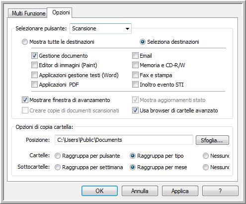 Scansione Selezione delle opzioni per un pulsante Le opzioni di One Touch determinano i tipi di applicazioni di destinazione disponibili per un pulsante e la posizione dei file degli elementi