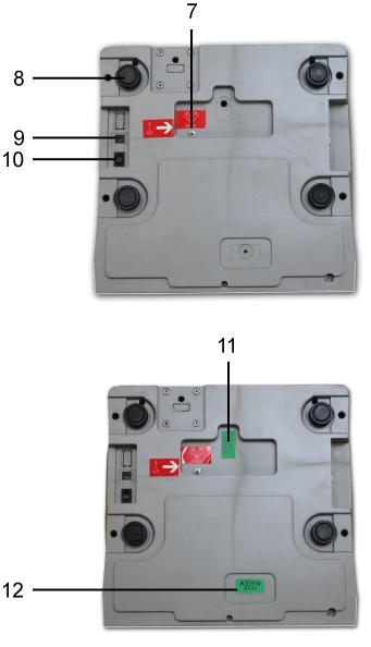 7. Vite di sicurezza per trasporto 8. Piede con vite 9. Presa di alimentatore di rete 10. Interruttore ON/OFF 11.