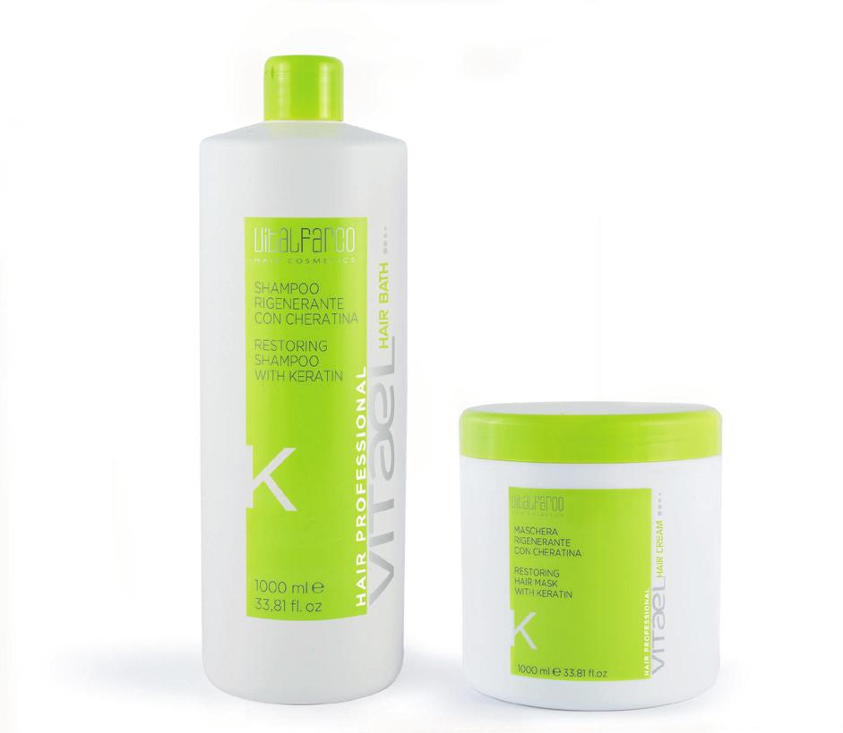 RESTORING SHAMPOO AND MASK WITH KERATIN Delicate shampoo and hydrating mask suitable for all hair types.