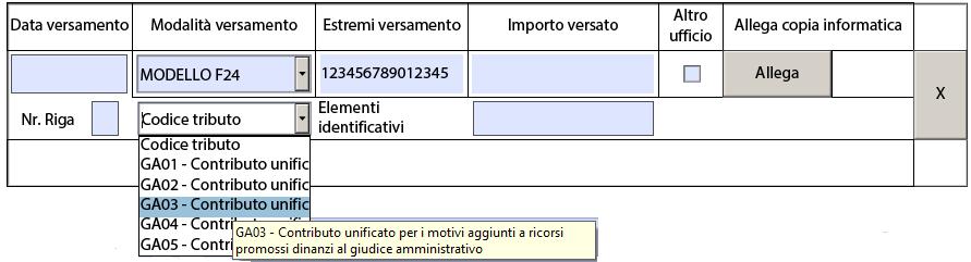 Nell esempio riportato gli estremi versamento valgono B01005032242812163493826: L Importo versato è quello effettivo del versamento indicato La spunta Altro ufficio va selezionata se il versamento