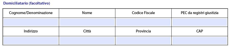 Domiciliatario La compilazione di questa sezione è facoltativa, vista la normativa sul domicilio digitale: Se si sceglie di inserire i dati del domiciliatario, è necessario completare tutti i campi.