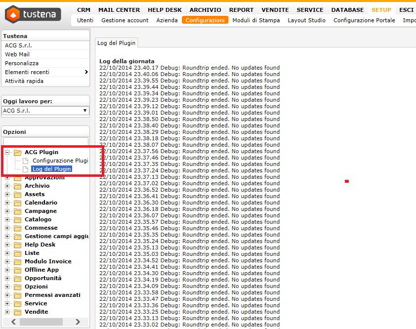 Il log è visualizzabile selezionando sul menu bar : Setup/Configurazioni/ ACG Plugin/Log del Plugin, come evidenziato nel pannello sotto: Nota tecnica: il log del plugin e una visione parziale del