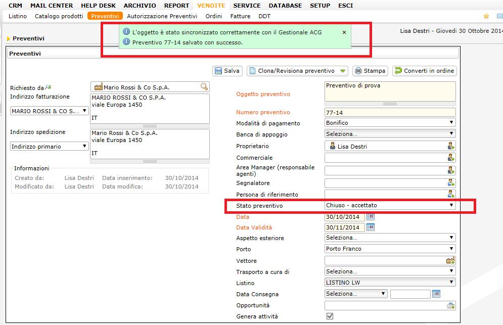 A questo punto il preventivo è stato registrato sul data base di frontiera in stato Da Sincronizzare con il gestionale (GT03_SYNCGE=1).