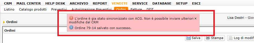 La successiva sincronizzazione in Ricezione (da Tustena verso ACG), degli Ordini, trasferisce tali ordini in ACG, per il