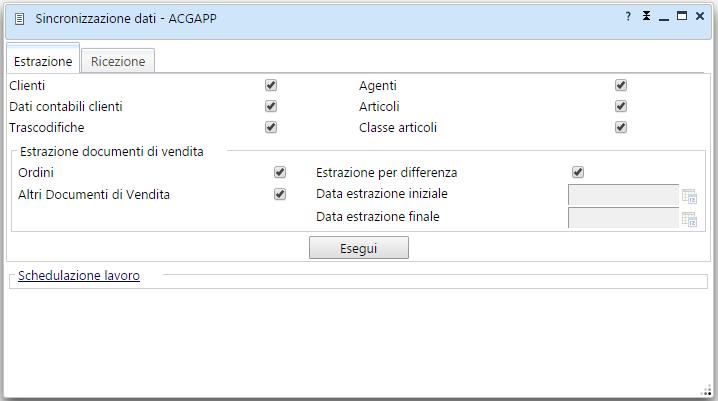 Lanciando l azione Sincronizzazione Dati, appare il pannello sotto: Il pannello contiene due Tab: Estrazione: consente al CRM di estrarre i dati iniziali e i successivi aggiornamenti effettuati sul