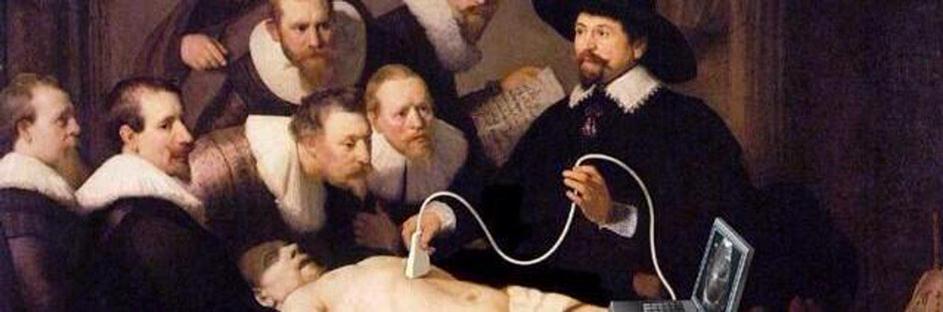 Tesi del Corso Anno 2017 5. Discussione: ecografi come nuovo stetoscopio Figura 9. Una rivisitazione del celebre dipinto Lezioni di anatomia del dottor Tulp di Rembrandt.