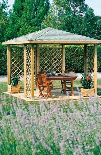 Gazebo Cherry con perline e tegola canadese 4 pali bilama di dimensione xx210 cm Travi portanti di sezione 4,5x cm, Perlinato di copertura con spessore 16 mm Tutto in