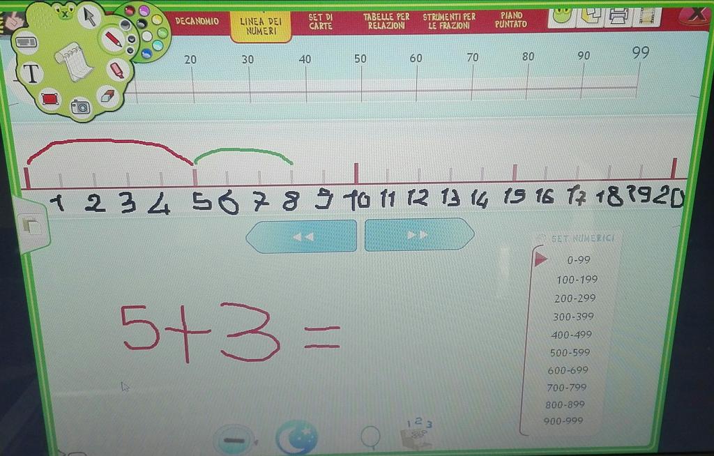 L'insegnante riproduce la linea del 20 utilizzando il Software Nel mondo dei numeri e delle operazioni con la Lim e lo strumento linea dei numeri.