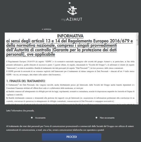 Viene visualizzata la schermata per accettare i termini e le condizioni relative al trattamento dei dati personali.