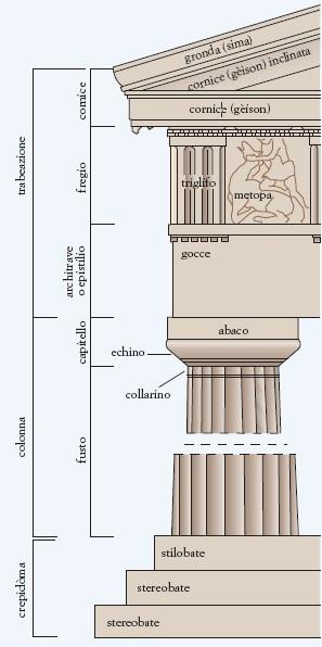 L Ordine Dorico: è il più antico e risale all inizio dell epoca arcaica. La colonna dorica non ha la base ma posa direttamente sullo stilobate. Si compone di due elementi distinti: fusto e capitello.