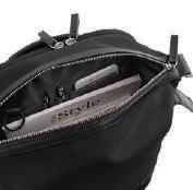 Vertical zip for front pocket access and backside zip for main compartment access.