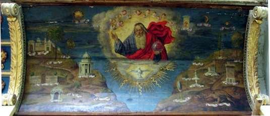 - 152 - Iznad Bogorodice je slika s prikazom Boga Oca među dvadeset i dva amblema 354 koji veličaju Marijinu bezgrješnost. Krajobraz velike vode omeđene obalama asocira na svijet prvobitnog kaosa.