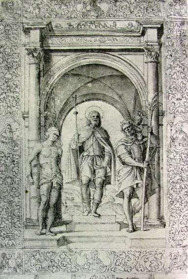 - 184 - sl. 131 Girolamo da Santa Croce, Crtež za zastavu bratovštine sv. Roko, sv. Sebastijan i sv. Kristofor, 335 x 230 mm pero i lavirani tuš na papiru, British Museum, N.