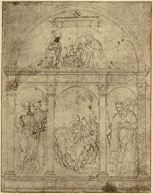 - 188 - sl. 134 Girolamo da Santa Croce, Crtež za poliptih Bijeg u Egipat, sv. Petar i Pavao, sv. Lovre i sv.
