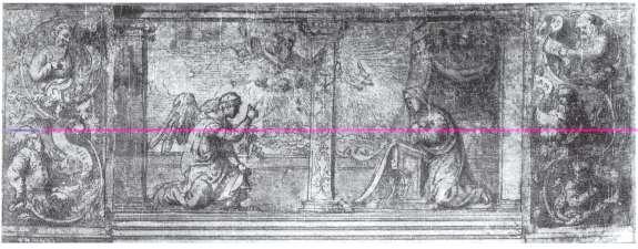 - 190 - Za ovu je temu zanimljiv još i crtež koji se čuva u bečkoj Albertini. Prikazuje scenu Navještenja koju okružuju dopojasni likovi starozavjetnih proroka.