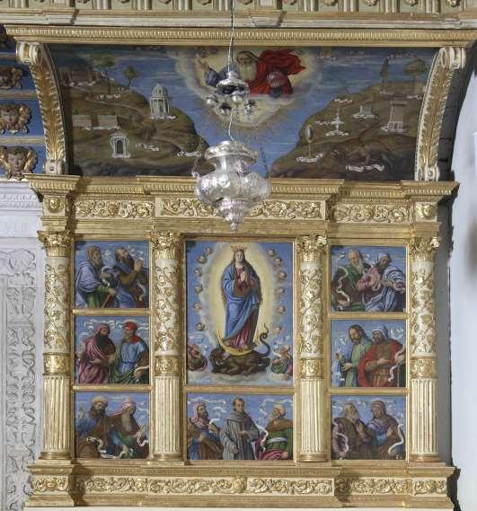 - 259 - Južni oltar pod pjevalištem (poliptih Immaculatae) Francesco da Santa Croce 1583. Bog Otac i golubica Duha Svetoga Bezgrješno začeće (95 x 68,5 cm) sv.