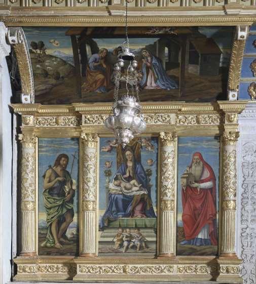 - 261 - Sjeverni oltar pod pjevalištem (Poliptih Kristova rođenja) Francesco da Santa Croce 1583. Bogorodica s Djetetom na prijestolju (141 x 68,5 cm) sv.