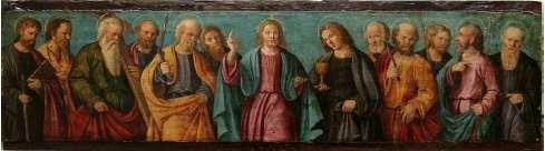 pravokutnika naslikan je Krist oko kojega su s obje strane zbijeno naslikani apostoli. Krist je odjeven u crvenu dugu haljinu i modri plašt.