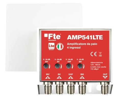 Amplificatori da palo SERIE AMP 5 6 AMP7LTE 17, 90 Amplificatore da palo 2 ingr. BIII+UHF/UHF, G 26 db, liv. usc. 115 dbμv. Amplificatore da palo 2 ingr. BIII/UHF, G 26/28 db, liv. usc. 115 dbμv. Amplificatore da palo 2 ingr. BIII/UHF, G 34 db, liv.