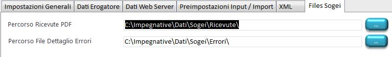 Files Sogei 11 Percorso Ricevute PDF Percorso File Dettaglio Errori Definisce il percorso ove vengono scaricate le ricevute rilasciate da SOGEI a seguito
