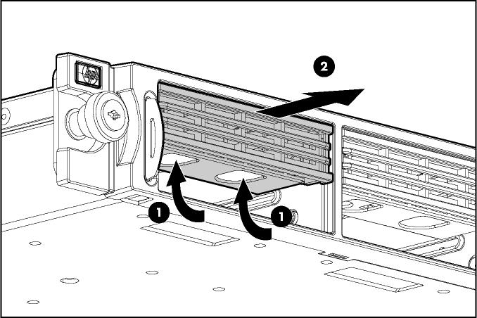 Rimozione della doppia mascherina di riempimento dell'unità disco rigido ATTENZIONE: Per evitare un'errata ventilazione e danni termici, far funzionare il server solo quando tutti gli alloggiamenti