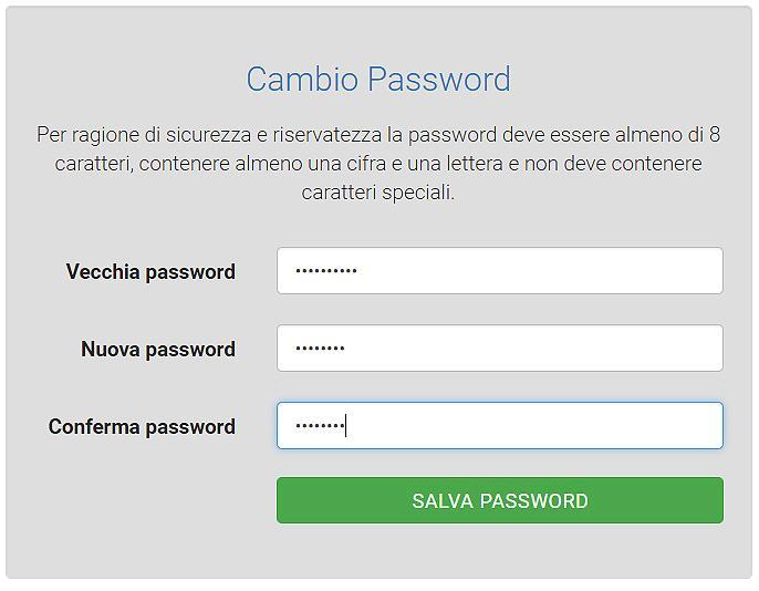 Al primo accesso verrà richiesto di modificare la password, la quale dovrà necessariamente essere composta da almeno 8