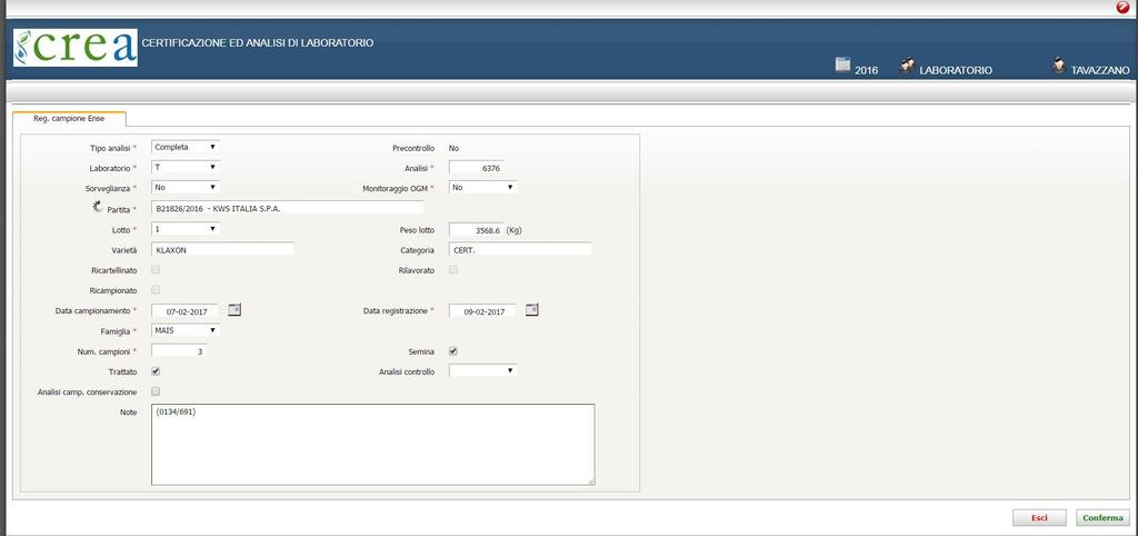 Le analisi delle sementi Registrazione campione: caricamento dati inseriti dal tecnico campionatore MS2014-00-1234 - Rossi