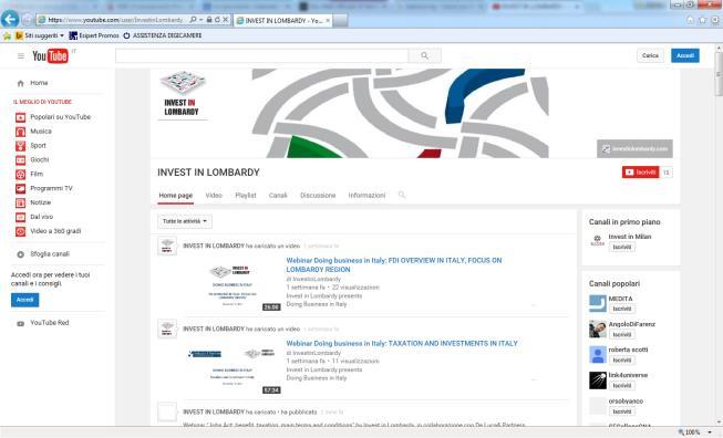 partner o collegamento al sito aziendale del partner Possibilità di inserire un video del partner sulla pagina Youtube di Invest in Lombardy (previa