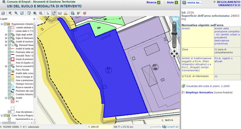 Figura 2: estratto cartografico RU comune di Empoli con l'indicazione dell'area di intervento e delle normative comunali vigenti.