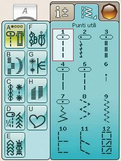 MODALITÀ CUCITO categorie di punti e i punti presenti in ciascuna categoria. SCHEDA MENU PUNTI consentono di scorrere tutti i menu.