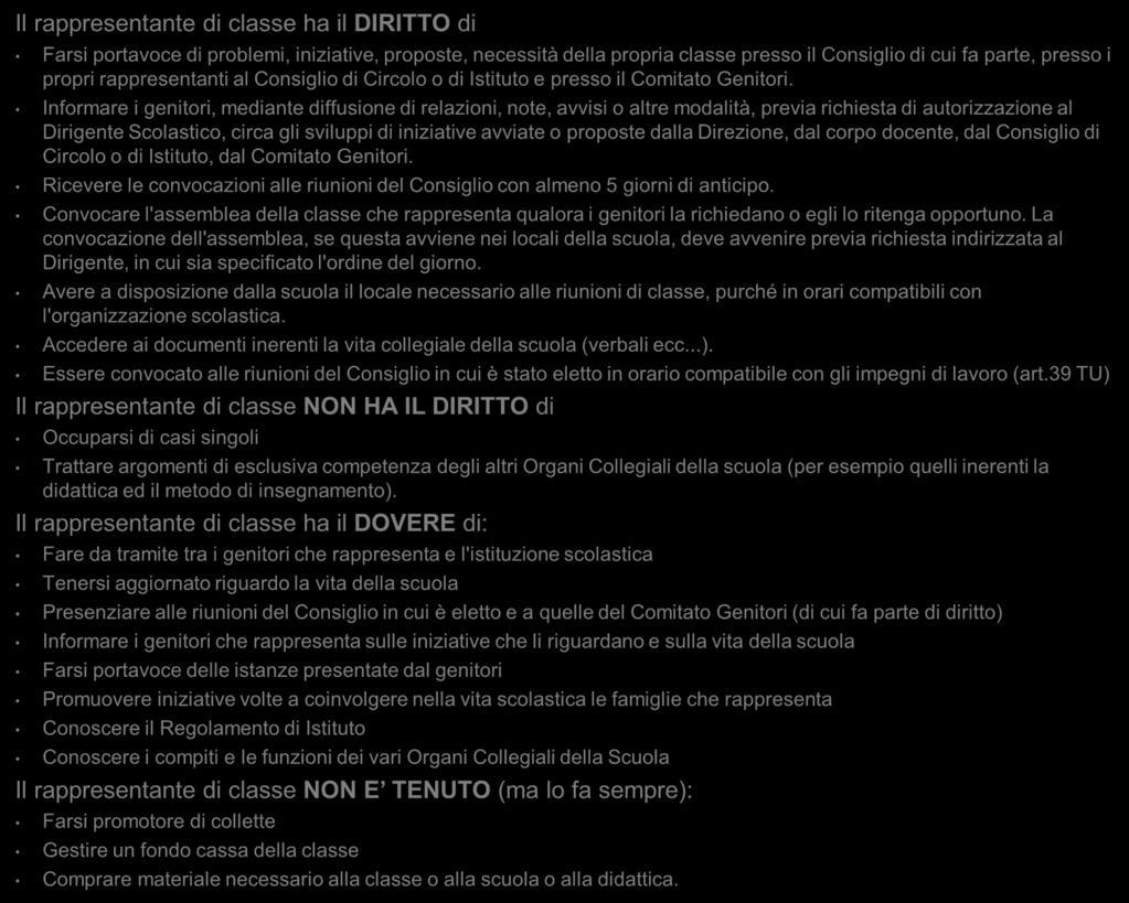 Compiti del rappresentante di classe Il rappresentante di classe ha il DIRITTO di Farsi portavoce di problemi, iniziative, proposte, necessità della propria classe presso il Consiglio di cui fa