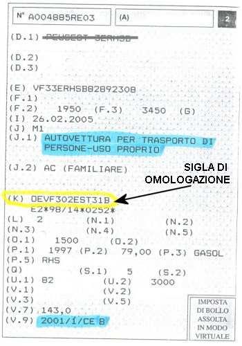 Immagini di carte di circolazione tipo nuovo di autoveicoli EURO 4 DIESEL con filtro anti particolato: Sulla carta di circolazione di vecchio tipo l'indicazione