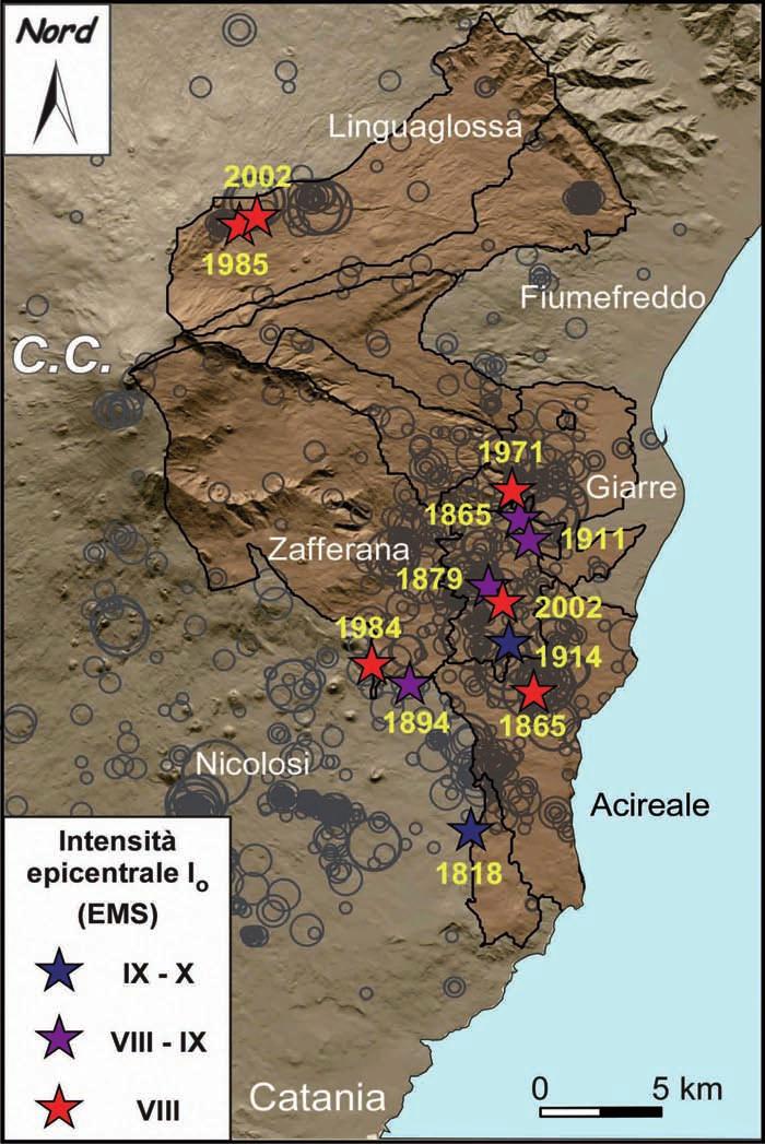 MICROZONAZIONE SISMICA DEL VERSANTE ORIENTALE DELL ETNA. STUDI DI PRIMO LIVELLO Figura 6. Terremoti con intensità epicentrale Io VIII EMS, corrispondente ad una magnitudo M 4.