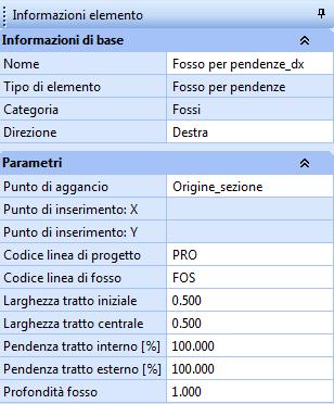 I parametri per il Fosso definito per pendenze sono: - direzione (destra o sinistra); - codici linea di progetto e di fosso: questi codici vengono utilizzati dalla vista Altimetria e servono per