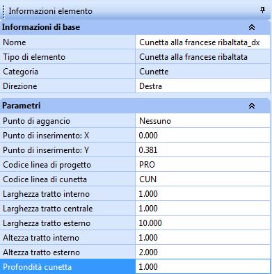 I parametri per la Cunetta francese ribaltata sono: - direzione (destra o sinistra); - punto di aggancio (nessuno o Origine sezione o - codici linea di progetto e di cunetta: questi codici vengono