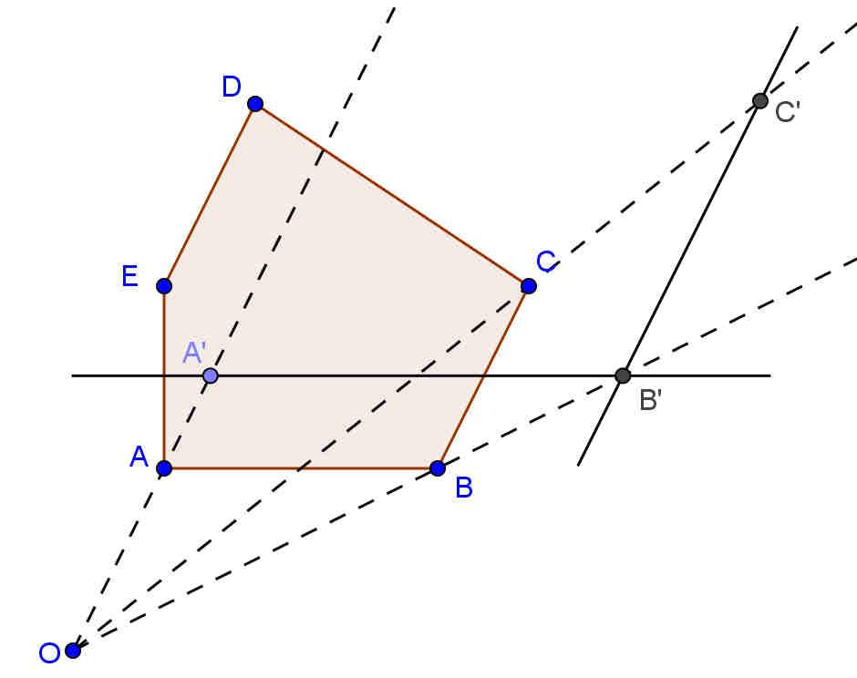 GEOMETRIA EUCLIDEA Scheda 1 POLIGONI OMOTETICI Prova a seguire questo procedimento: disegna un poligono (irregolare) ABCDE usando il comando poligono ; crea un punto O (esterno al poligono); traccia