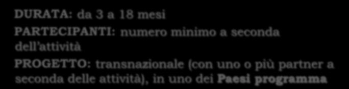 Una Azione per 8 attività 1. Job shadowing AZIONE 4.3 Obiettivo: qualità dei sistemi di sostegno 2. Visita di fattibilità 3. Seminario 4. Incontro di valutazione 5. Visita di studio 6.