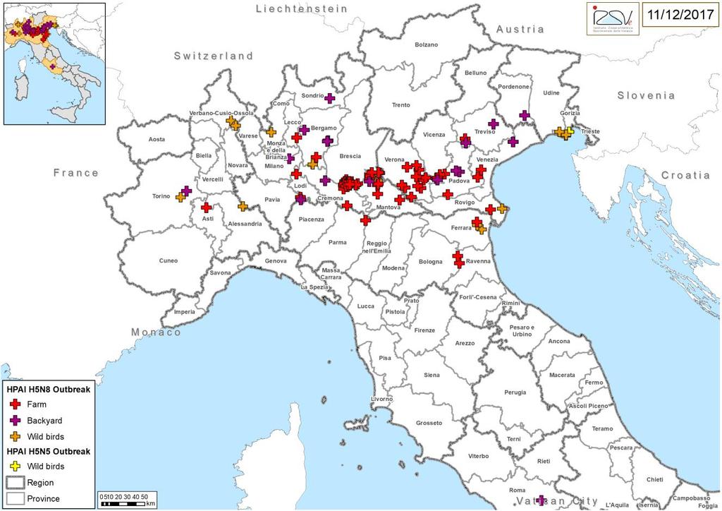 Figure 9. Localizzazione dei focolai HPAI H5 in Italia nel 2017. ALLEGATO 5 - Descrizione della situazione epidemiologica della malattia nei volatili selvatici nel corso degli ultimi cinque anni.