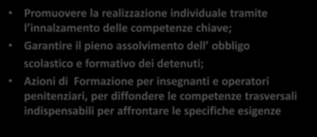 Obiettivi Specifici Promuovere la realizzazione individuale tramite l innalzamento delle competenze chiave; Garantire il pieno assolvimento dell obbligo scolastico e